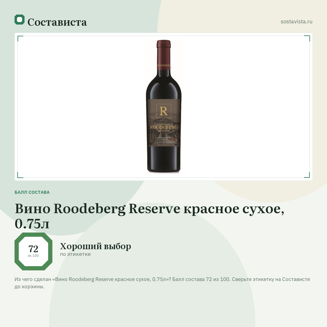 Вино Roodeberg Reserve красное сухое, 0.75л: балл состава 72 из 100 — Состависта