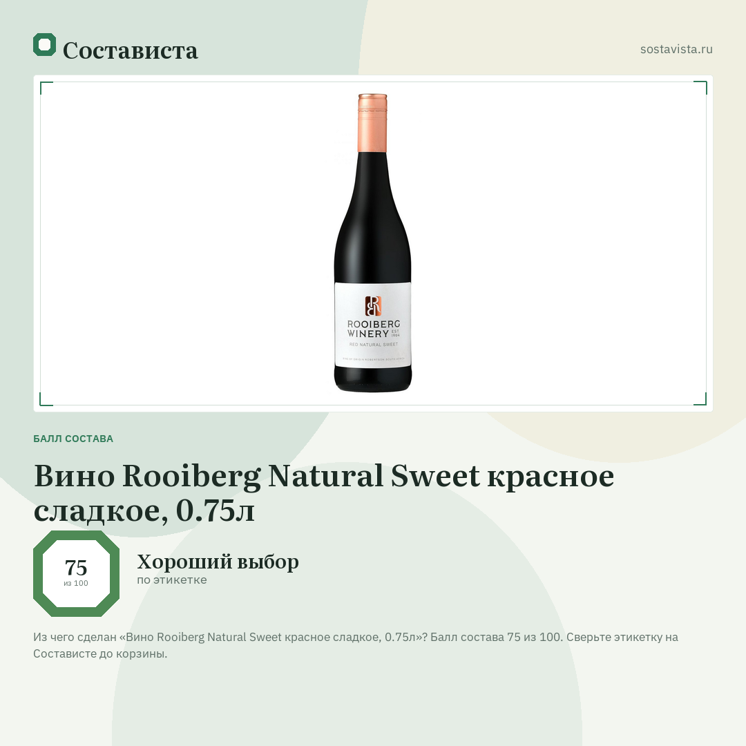 Вино Rooiberg Natural Sweet красное сладкое, 0.75л: балл состава 75 из 100 — Состависта