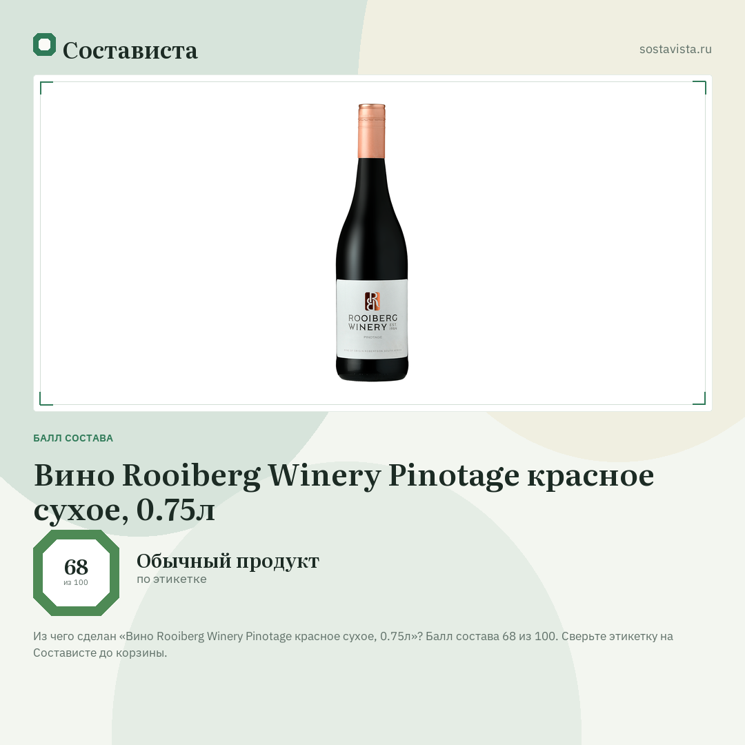 Вино Rooiberg Winery Pinotage красное сухое, 0.75л: балл состава 68 из 100 — Состависта