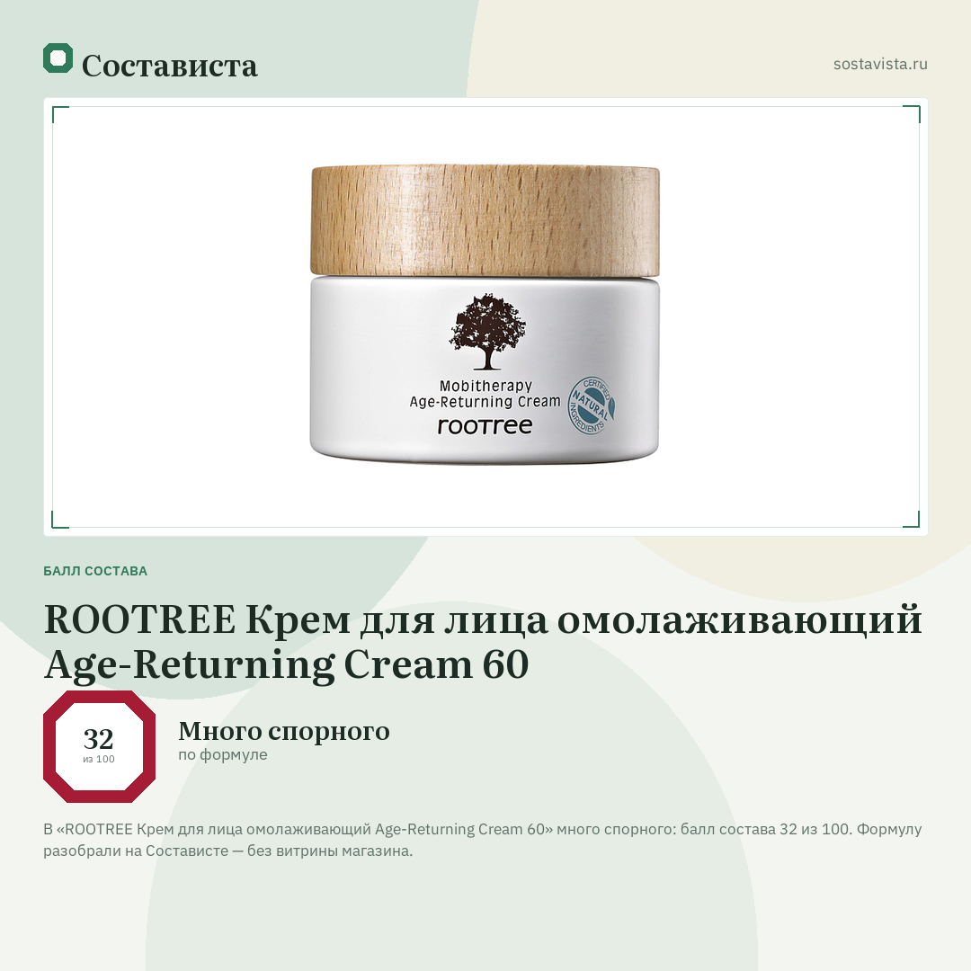 ROOTREE Крем для лица омолаживающий Age-Returning Cream 60: балл состава 32 из 100 — Состависта
