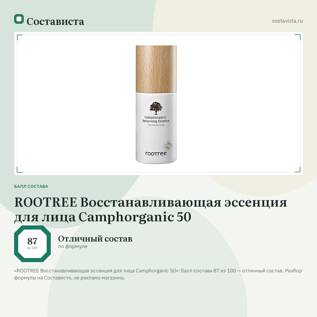 ROOTREE Восстанавливающая эссенция для лица Camphorganic 50: балл состава 87 из 100 — Состависта