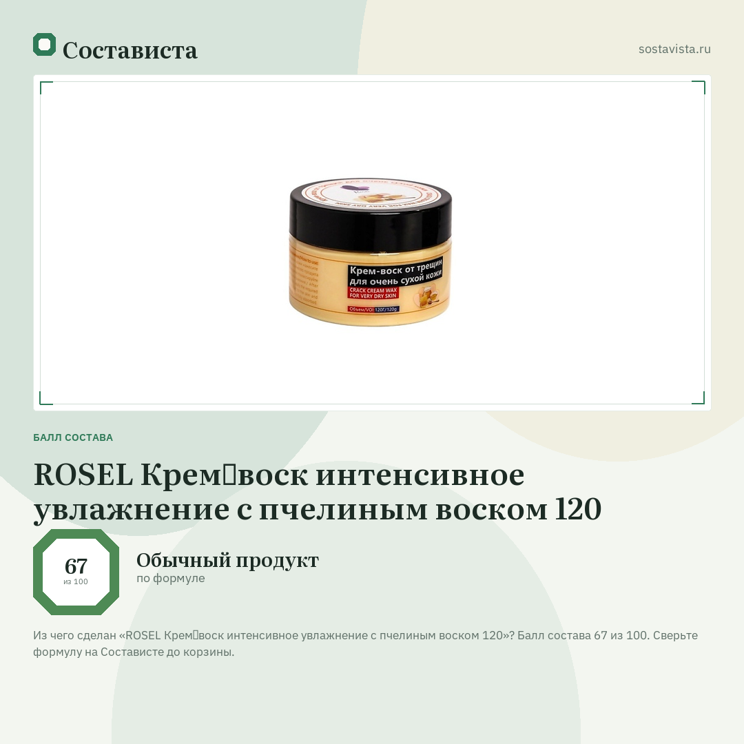 ROSEL Крем‑воск интенсивное увлажнение с пчелиным воском 120: балл состава 67 из 100 — Состависта