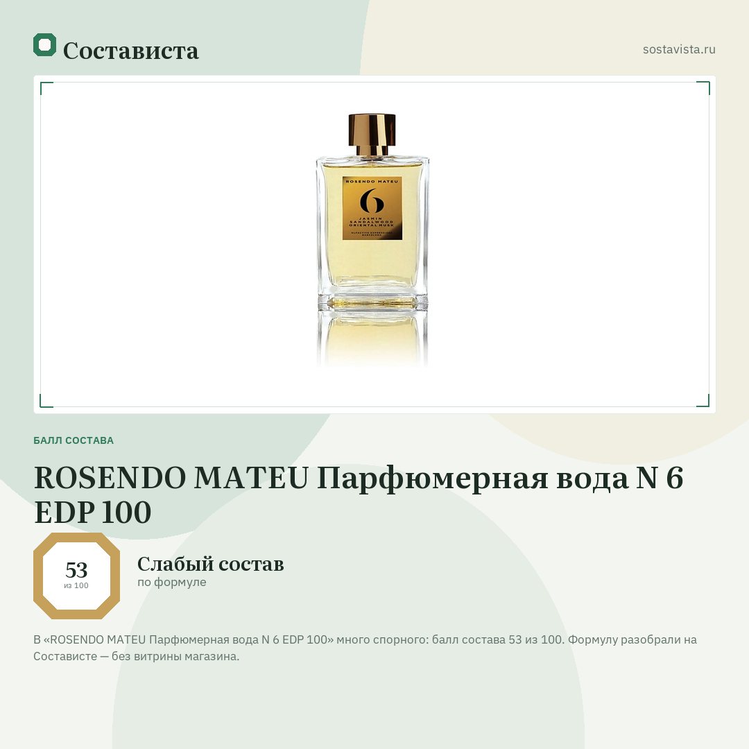 ROSENDO MATEU Парфюмерная вода N 6 EDP 100: балл состава 53 из 100 — Состависта