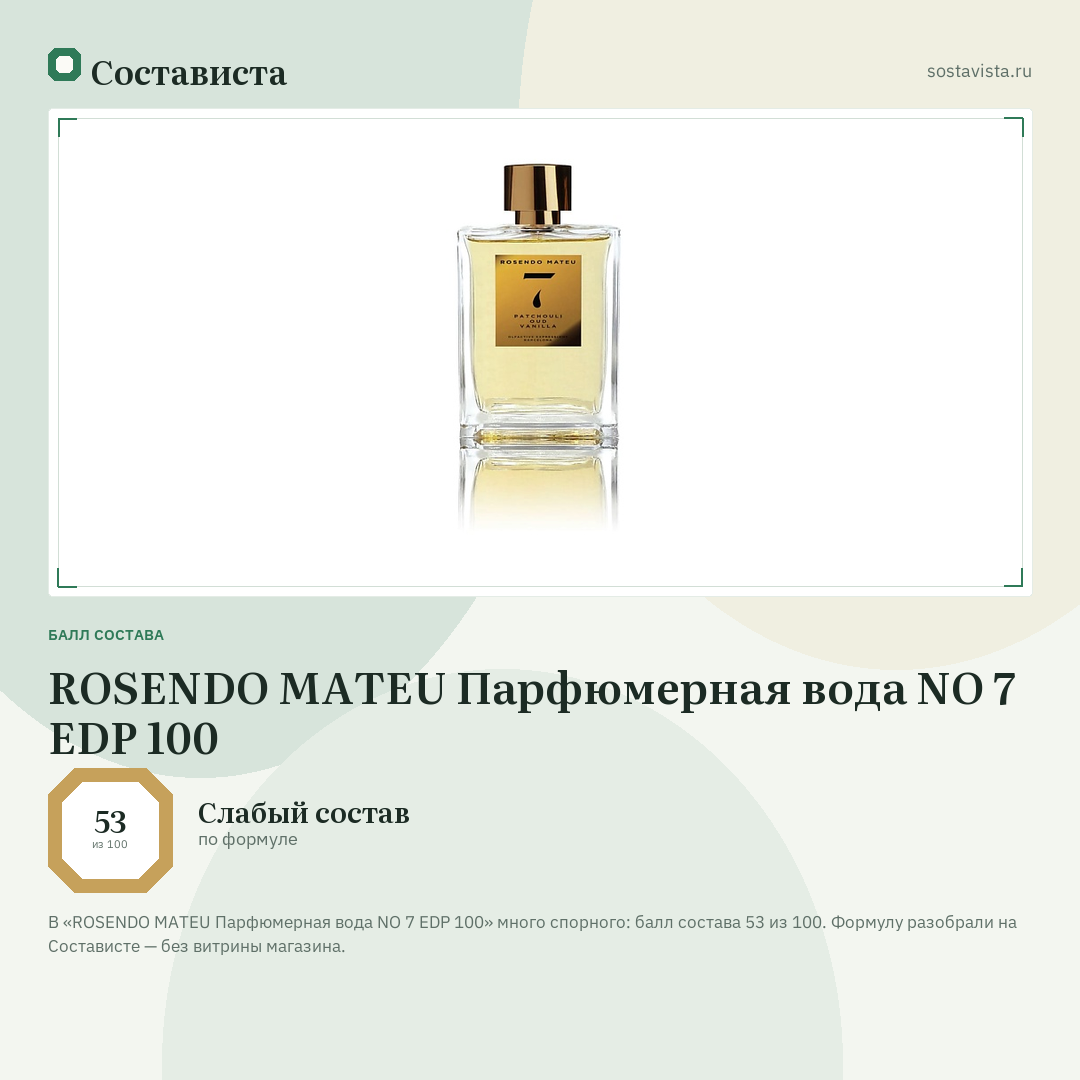 ROSENDO MATEU Парфюмерная вода NO 7 EDP 100: балл состава 53 из 100 — Состависта