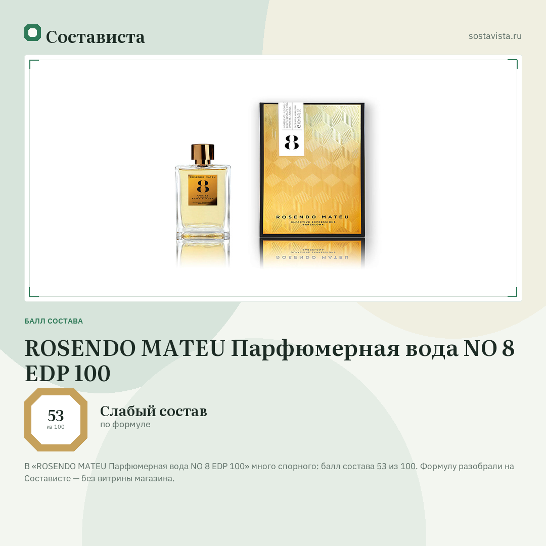 ROSENDO MATEU Парфюмерная вода NO 8 EDP 100: балл состава 53 из 100 — Состависта