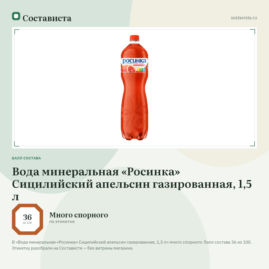Вода минеральная «Росинка» Сицилийский апельсин газированная, 1,5 л: балл состава 36 из 100 — Состависта
