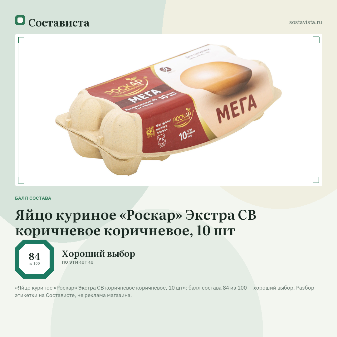 Яйцо куриное «Роскар» Экстра СВ коричневое коричневое, 10 шт: балл состава 84 из 100 — Состависта