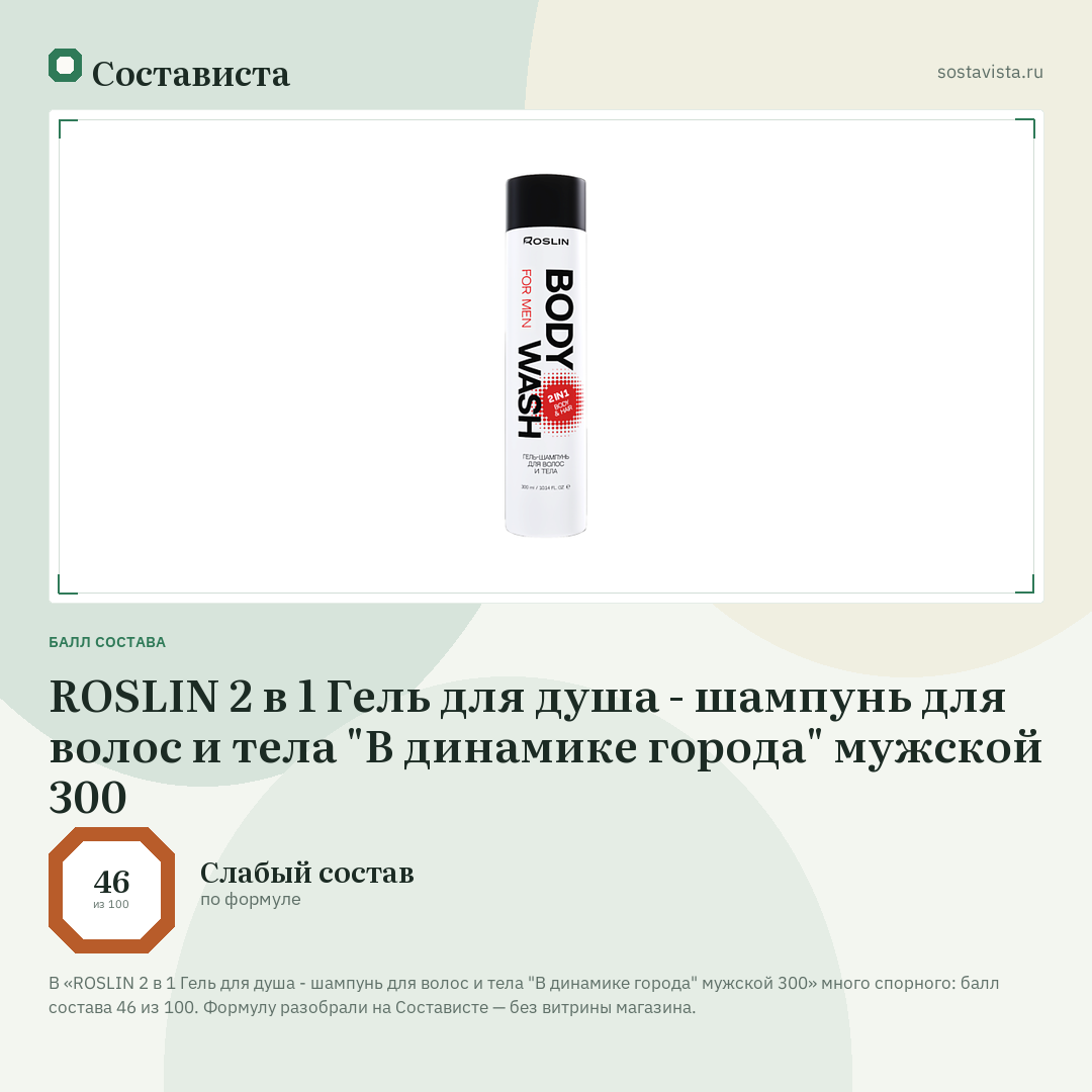 ROSLIN 2 в 1 Гель для душа - шампунь для волос и тела "В динамике города" мужской 300: балл состава 46 из 100 — Состависта
