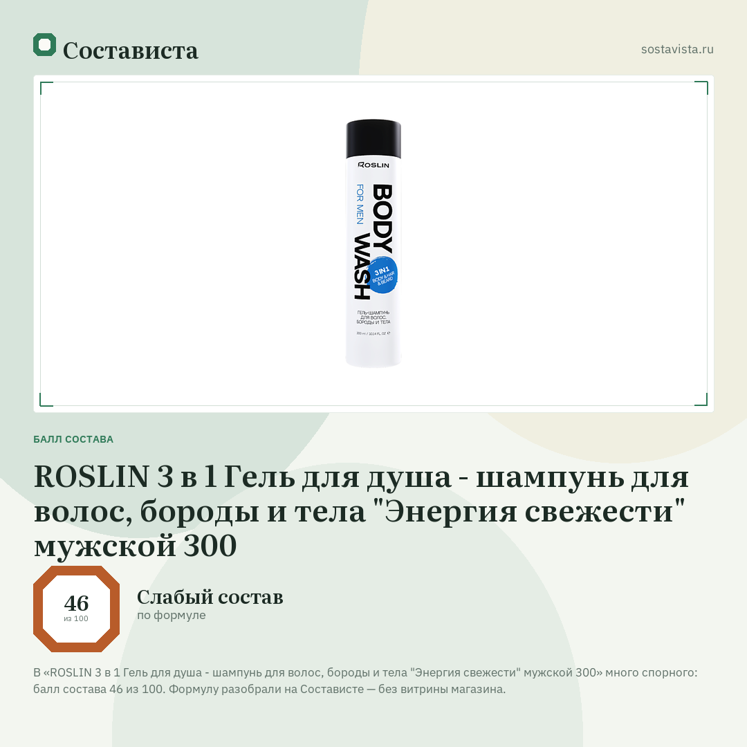 ROSLIN 3 в 1 Гель для душа - шампунь для волос, бороды и тела "Энергия свежести" мужской 300: балл состава 46 из 100 — Состависта