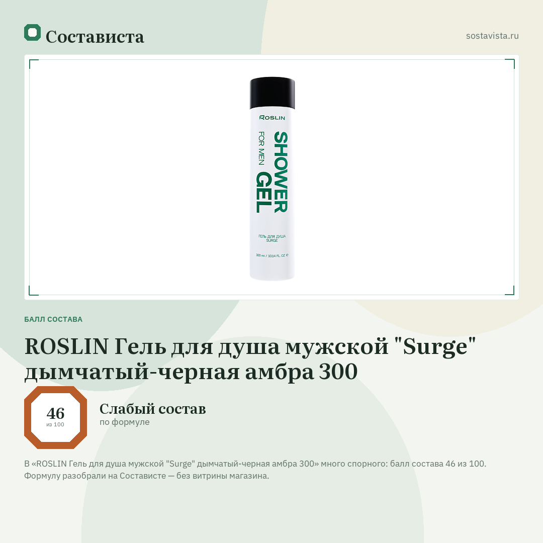 ROSLIN Гель для душа мужской "Surge" дымчатый-черная амбра 300: балл состава 46 из 100 — Состависта