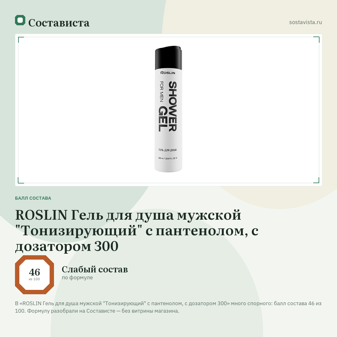 ROSLIN Гель для душа мужской "Тонизирующий" с пантенолом, с дозатором 300: балл состава 46 из 100 — Состависта