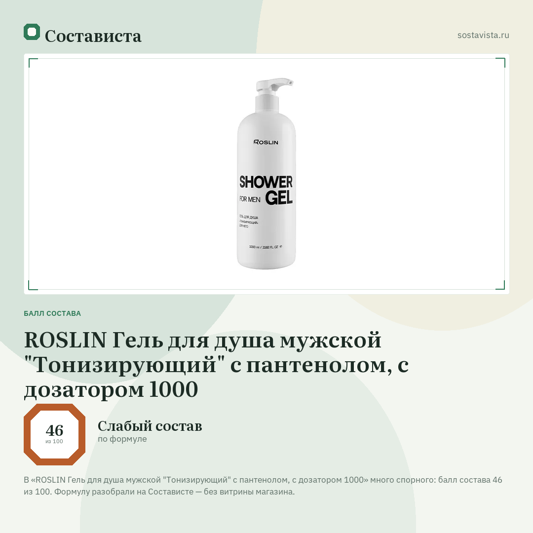 ROSLIN Гель для душа мужской "Тонизирующий" с пантенолом, с дозатором 1000: балл состава 46 из 100 — Состависта