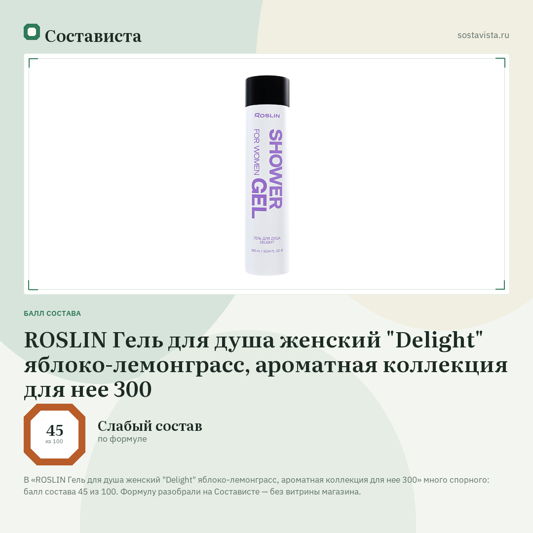 ROSLIN Гель для душа женский "Delight" яблоко-лемонграсс, ароматная коллекция для нее 300: балл состава 45 из 100 — Состависта