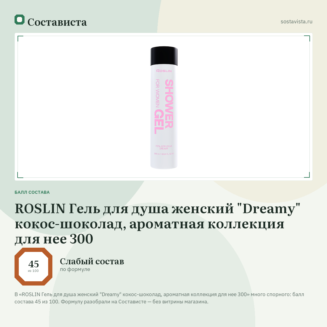ROSLIN Гель для душа женский "Dreamy" кокос-шоколад, ароматная коллекция для нее 300: балл состава 45 из 100 — Состависта