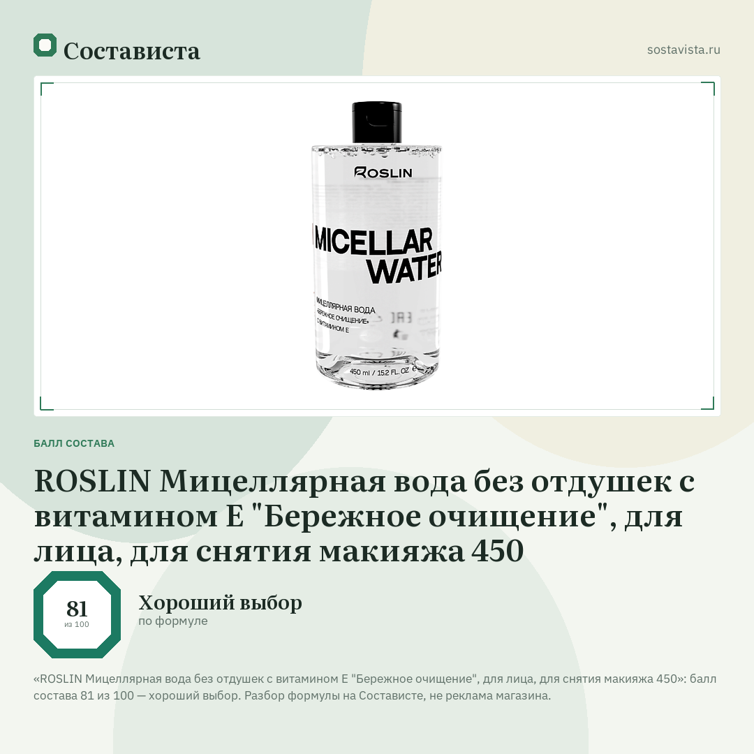 ROSLIN Мицеллярная вода без отдушек с витамином Е "Бережное очищение", для лица, для снятия макияжа 450: балл состава 81 из 100 — Состависта
