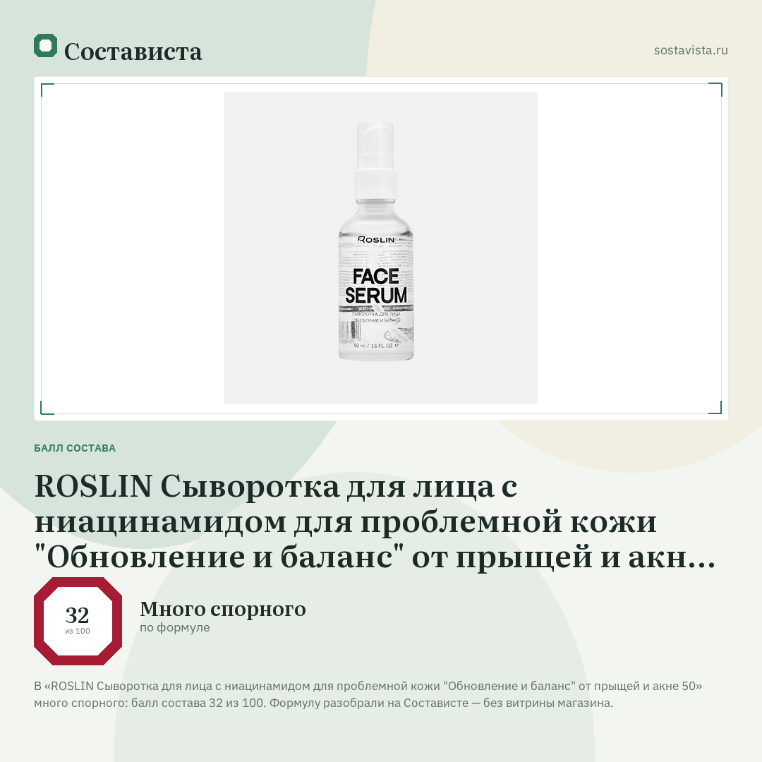 ROSLIN Сыворотка для лица с ниацинамидом для проблемной кожи "Обновление и баланс" от прыщей и акне 50: балл состава 32 из 100 — Состависта