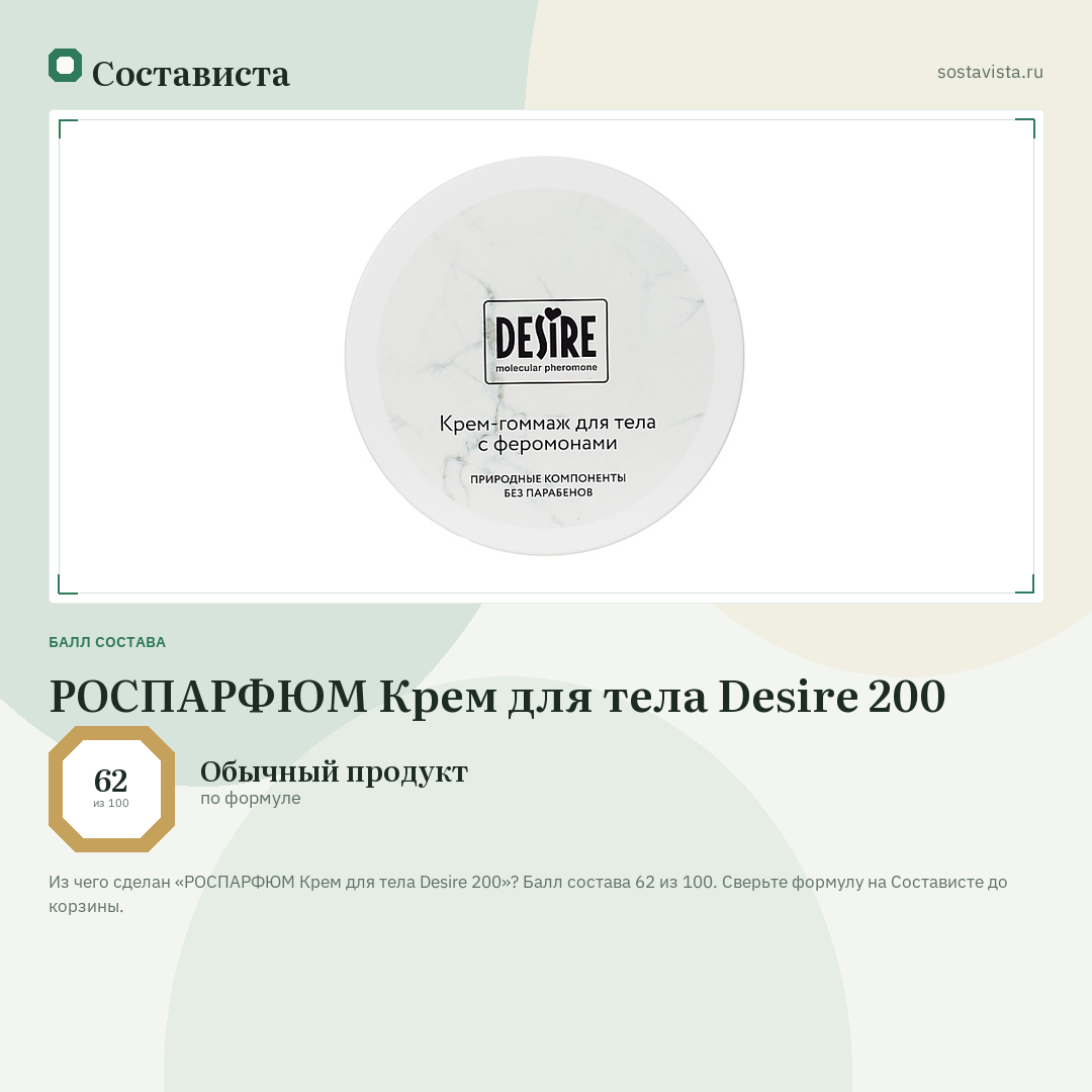РОСПАРФЮМ Крем для тела Desire 200: балл состава 62 из 100 — Состависта