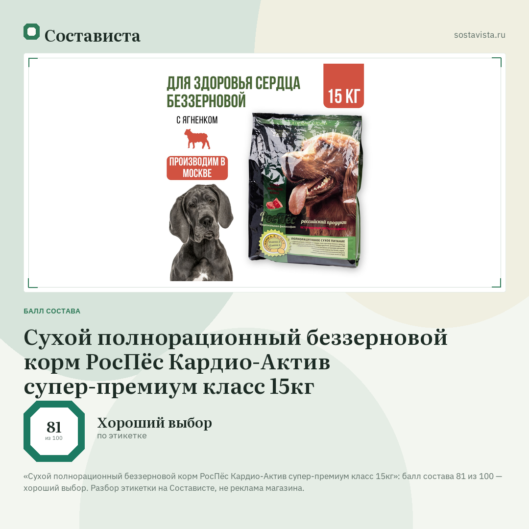 Сухой полнорационный беззерновой корм РосПёс Кардио-Актив супер-премиум класс 15кг: балл состава 81 из 100 — Состависта