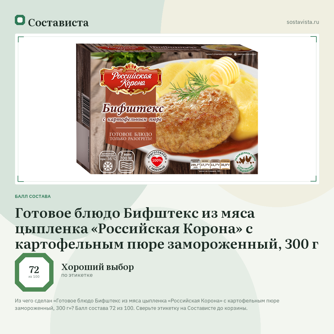 Готовое блюдо Бифштекс из мяса цыпленка «Российская Корона» с картофельным пюре замороженный, 300 г: балл состава 72 из 100 — Состависта