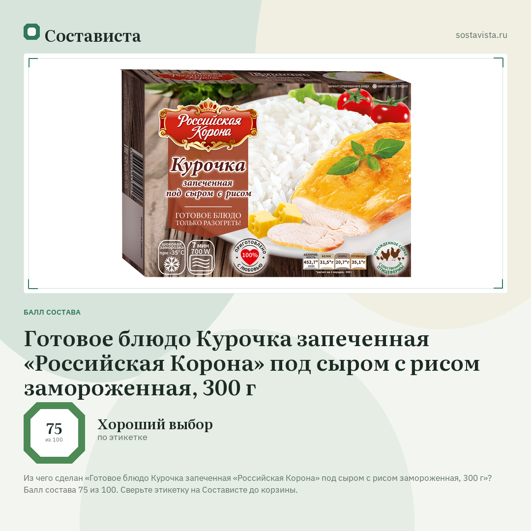 Готовое блюдо Курочка запеченная «Российская Корона» под сыром с рисом замороженная, 300 г: балл состава 75 из 100 — Состависта