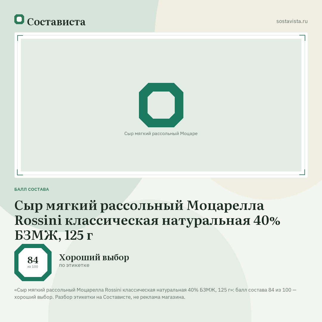 Сыр мягкий рассольный Моцарелла Rossini классическая натуральная 40% БЗМЖ, 125 г: балл состава 84 из 100 — Состависта