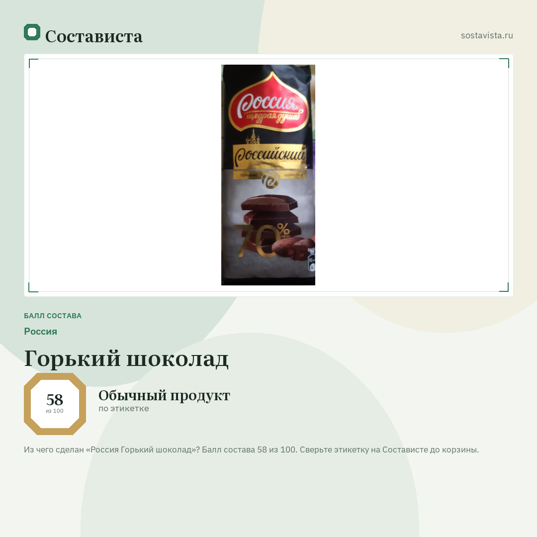 Россия Горький шоколад: балл состава 58 из 100 — Состависта