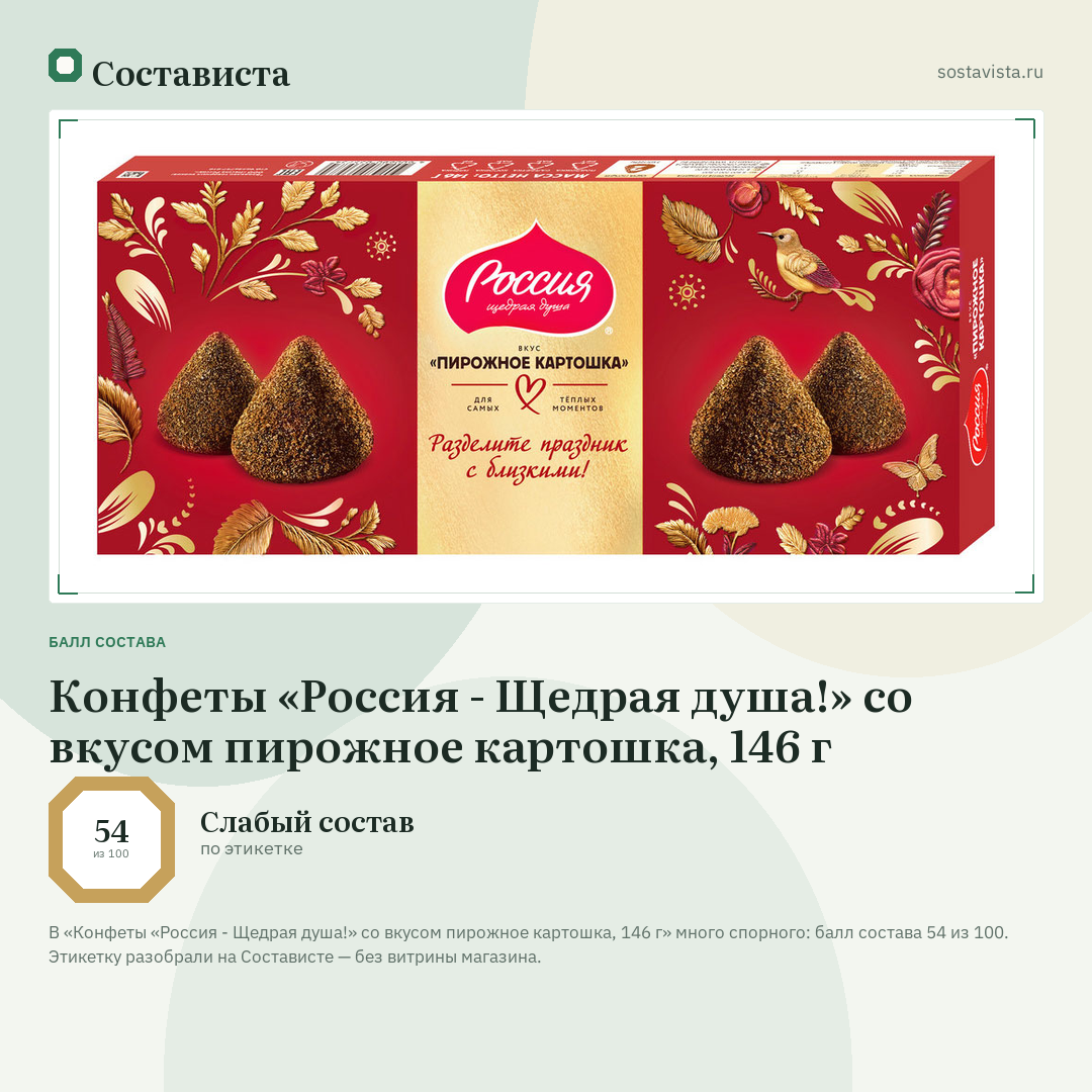 Конфеты «Россия - Щедрая душа!» со вкусом пирожное картошка, 146 г: балл состава 54 из 100 — Состависта