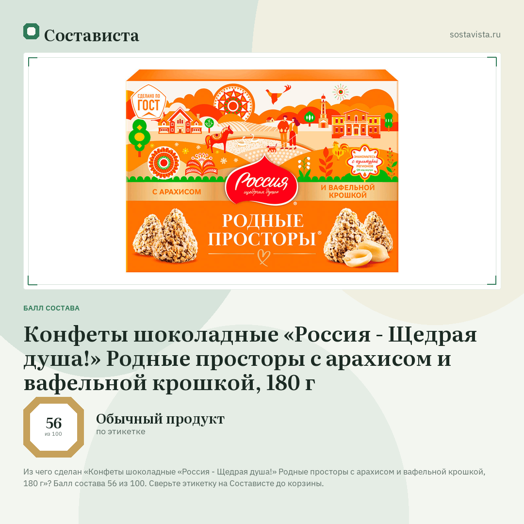 Конфеты шоколадные «Россия - Щедрая душа!» Родные просторы с арахисом и вафельной крошкой, 180 г: балл состава 56 из 100 — Состависта