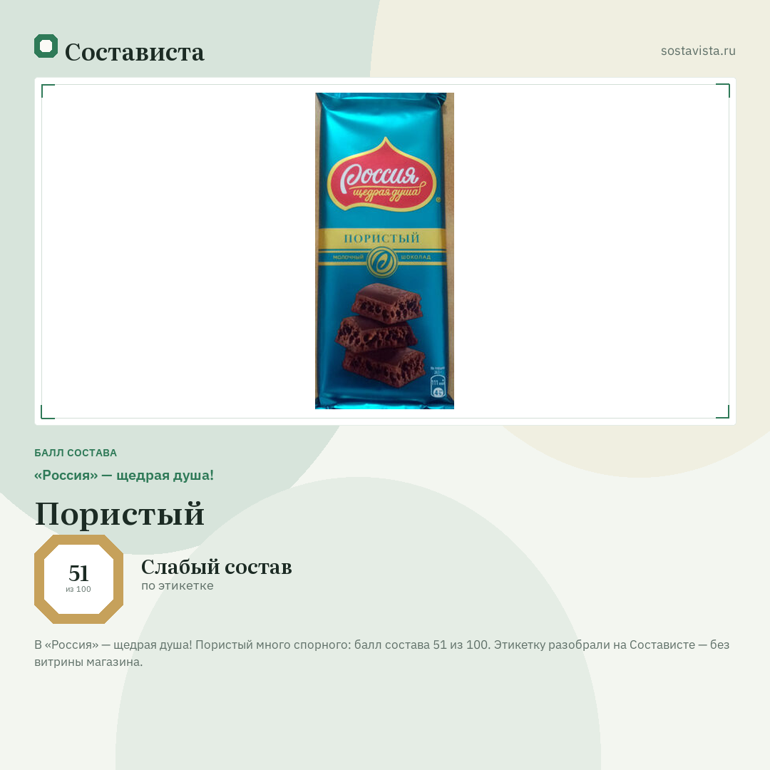 «Россия» — щедрая душа! Пористый: балл состава 51 из 100 — Состависта