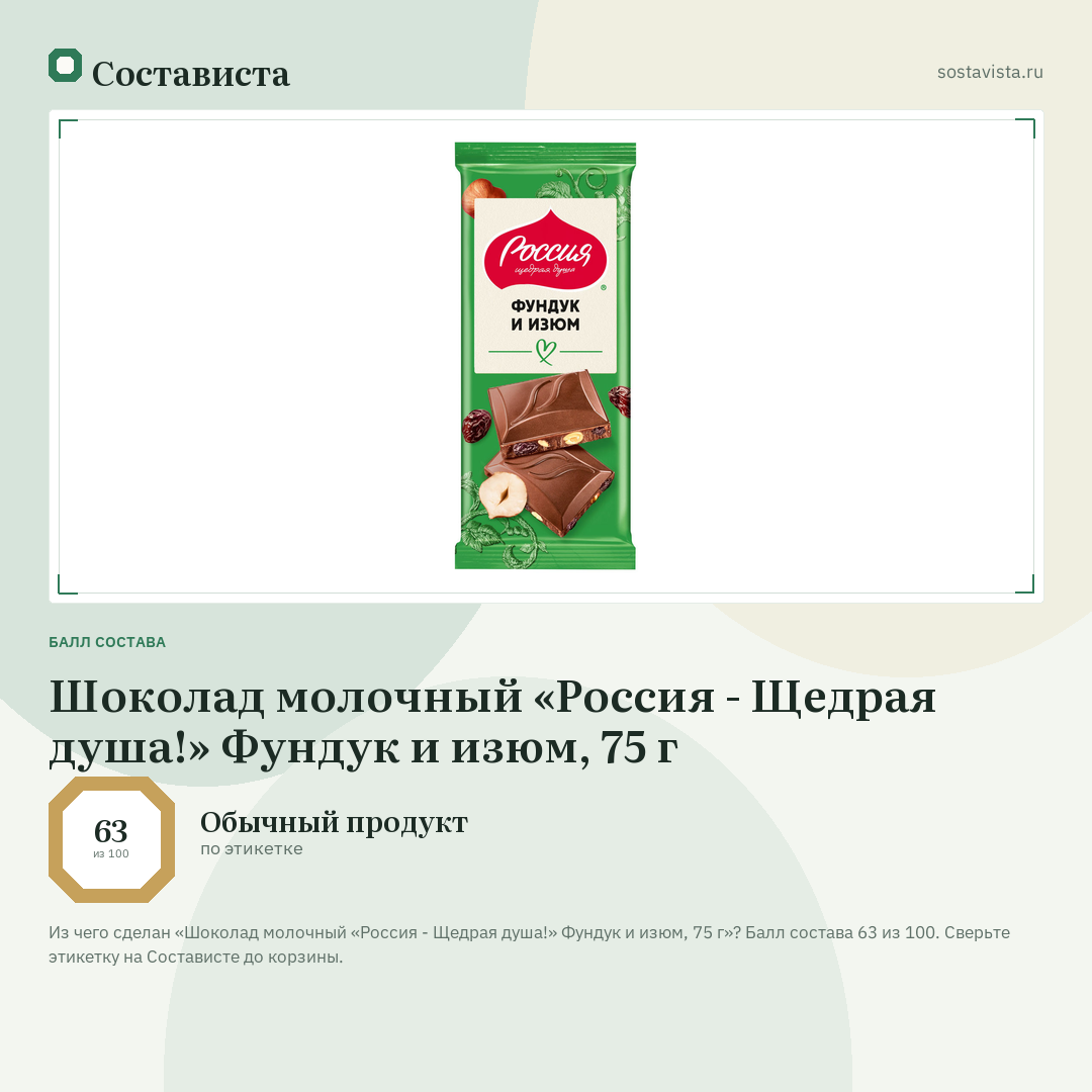 Шоколад молочный «Россия - Щедрая душа!» Фундук и изюм, 75 г: балл состава 63 из 100 — Состависта
