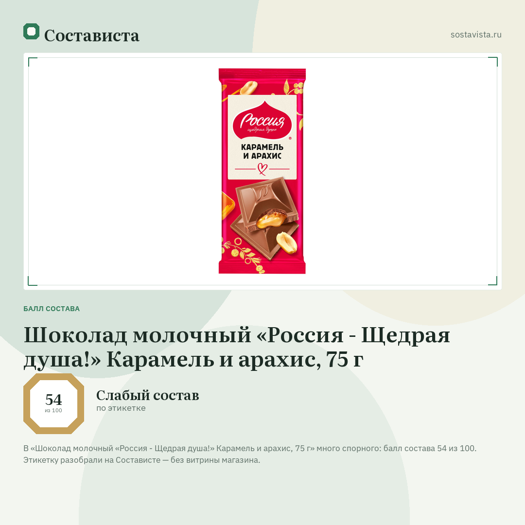 Шоколад молочный «Россия - Щедрая душа!» Карамель и арахис, 75 г: балл состава 54 из 100 — Состависта