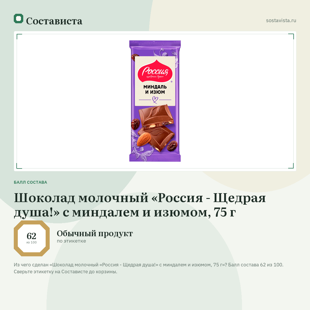 Шоколад молочный «Россия - Щедрая душа!» с миндалем и изюмом, 75 г: балл состава 62 из 100 — Состависта