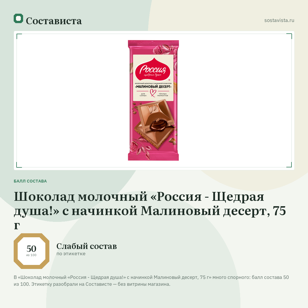 Шоколад молочный «Россия - Щедрая душа!» с начинкой Малиновый десерт, 75 г: балл состава 50 из 100 — Состависта