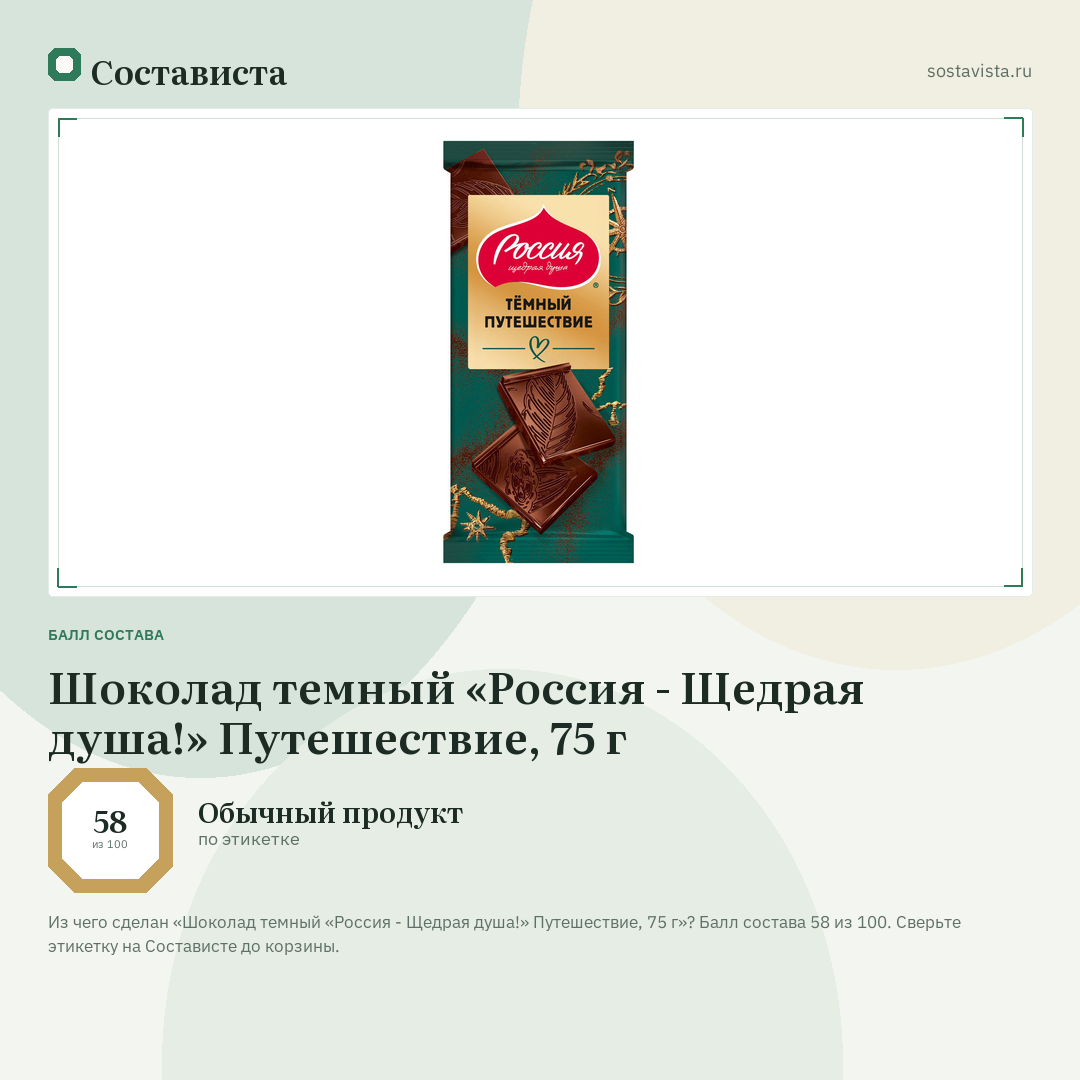 Шоколад темный «Россия - Щедрая душа!» Путешествие, 75 г: балл состава 58 из 100 — Состависта