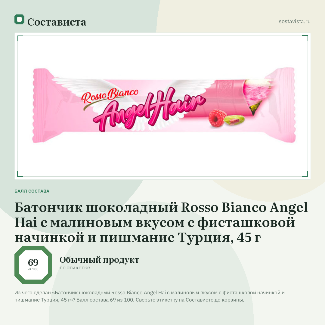 Батончик шоколадный Rosso Bianco Angel Hai с малиновым вкусом с фисташковой начинкой и пишмание Турция, 45 г: балл состава 69 из 100 — Состависта