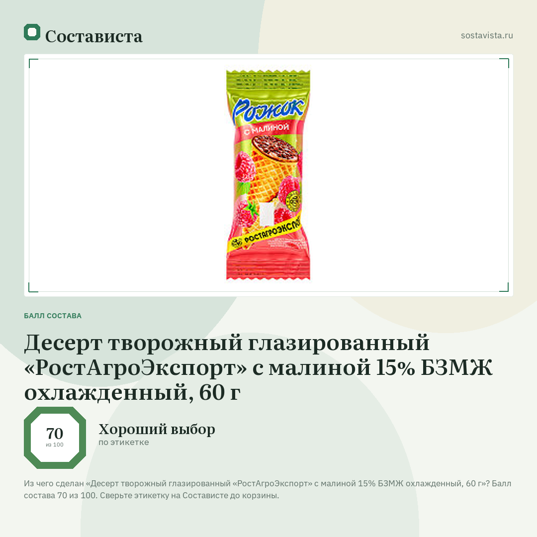 Десерт творожный глазированный «РостАгроЭкспорт» с малиной 15% БЗМЖ охлажденный, 60 г: балл состава 70 из 100 — Состависта
