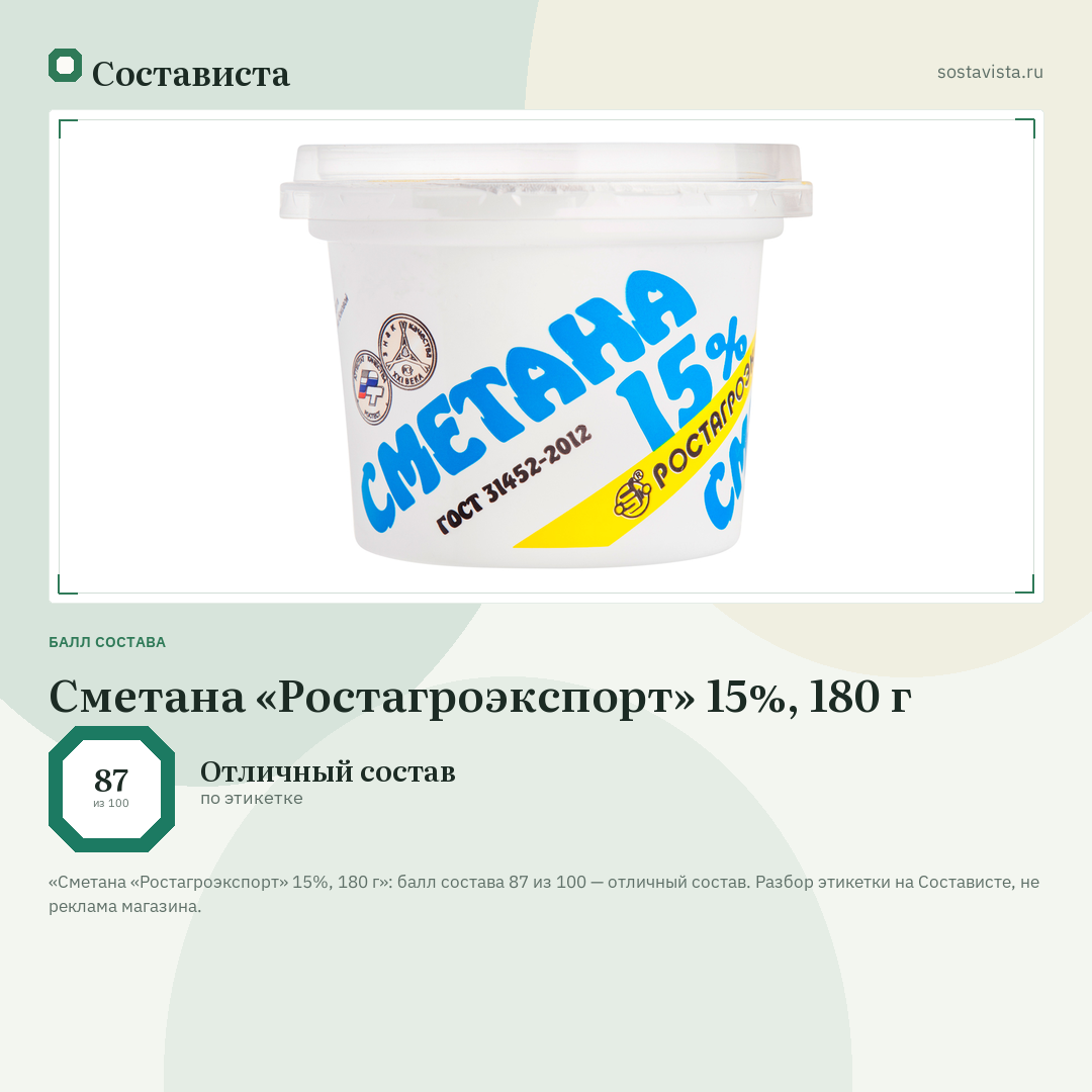 Сметана «Ростагроэкспорт» 15%, 180 г: балл состава 87 из 100 — Состависта