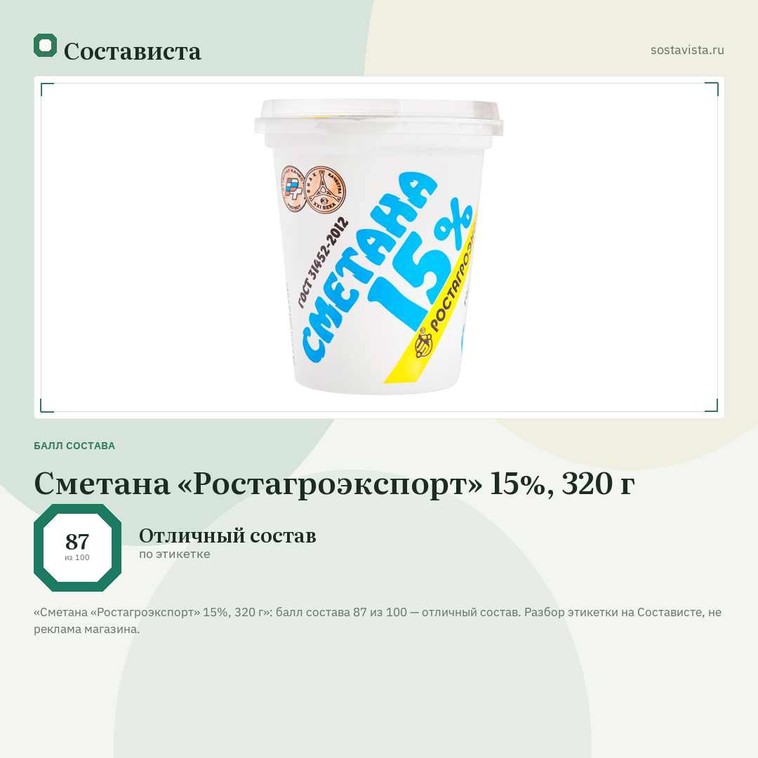 Сметана «Ростагроэкспорт» 15%, 320 г: балл состава 87 из 100 — Состависта