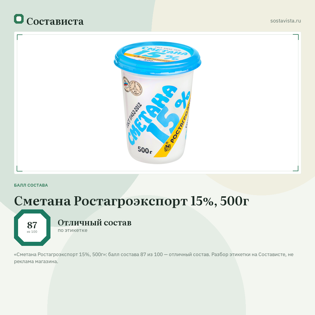 Сметана Ростагроэкспорт 15%, 500г: балл состава 87 из 100 — Состависта