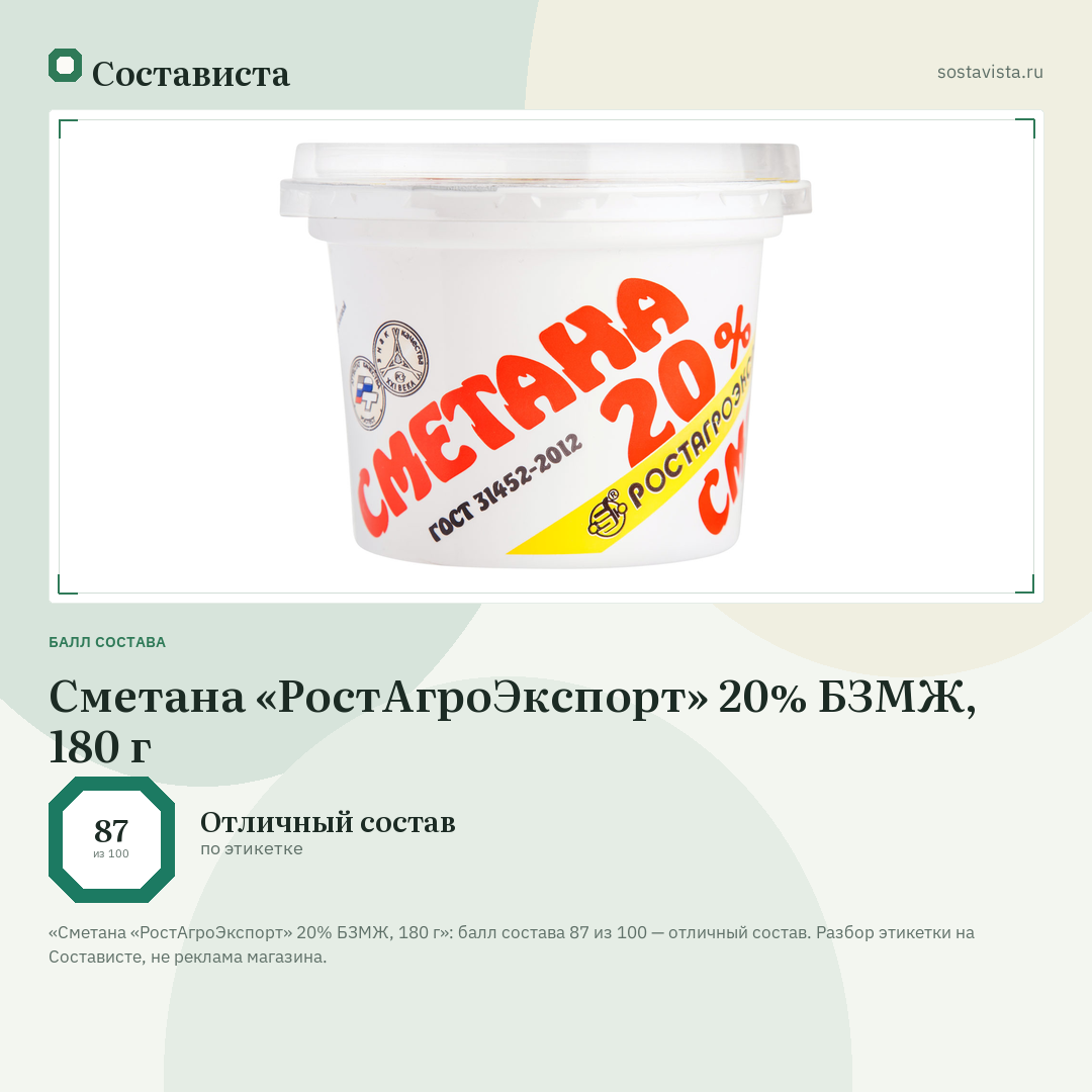 Сметана «РостАгроЭкспорт» 20% БЗМЖ, 180 г: балл состава 87 из 100 — Состависта