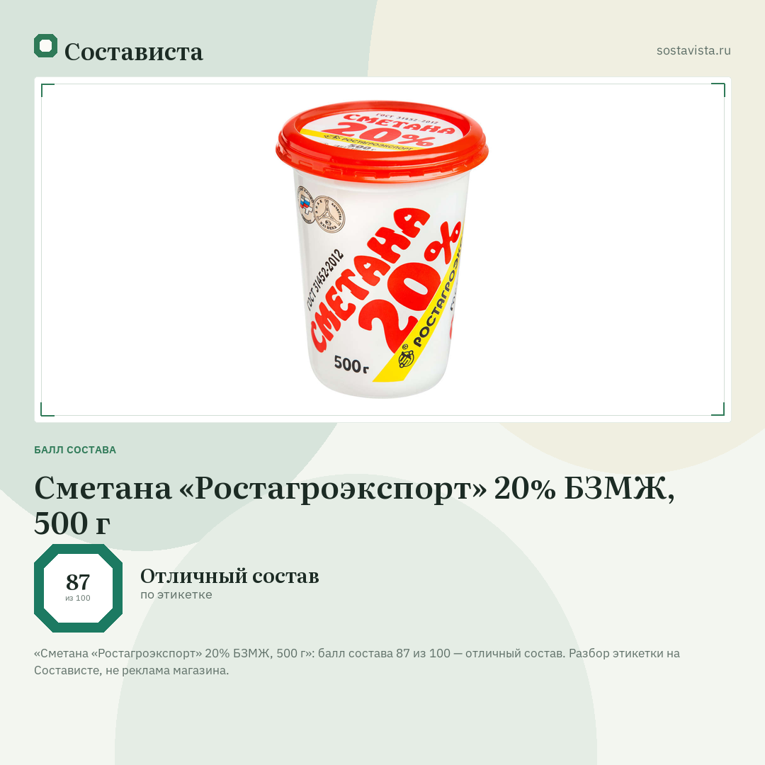 Сметана «Ростагроэкспорт» 20% БЗМЖ, 500 г: балл состава 87 из 100 — Состависта