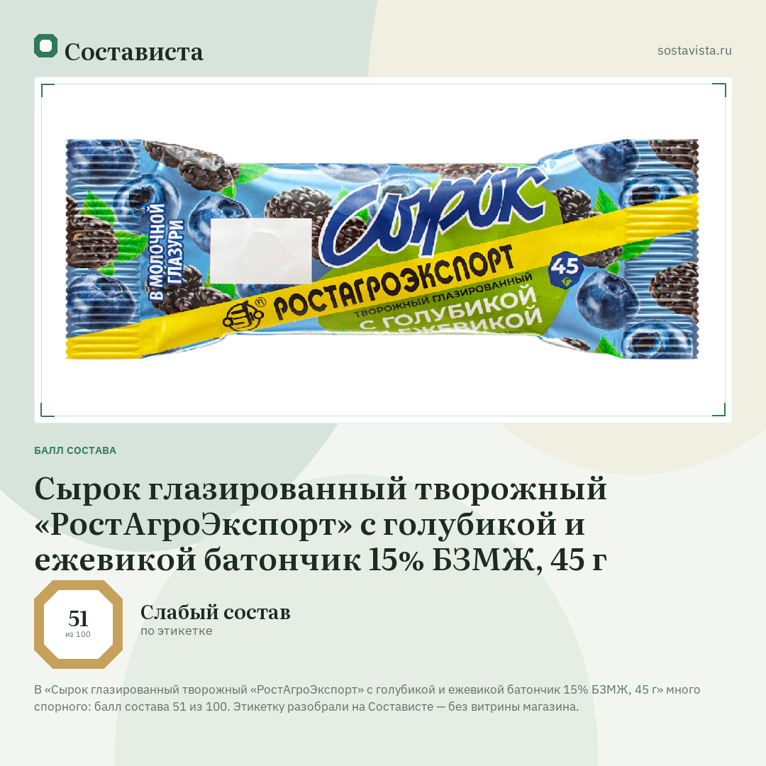 Сырок глазированный творожный «РостАгроЭкспорт» с голубикой и ежевикой батончик 15% БЗМЖ, 45 г: балл состава 51 из 100 — Состависта