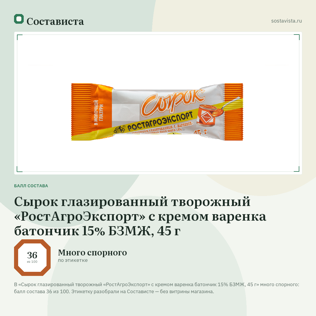 Сырок глазированный творожный «РостАгроЭкспорт» с кремом варенка батончик 15% БЗМЖ, 45 г: балл состава 36 из 100 — Состависта