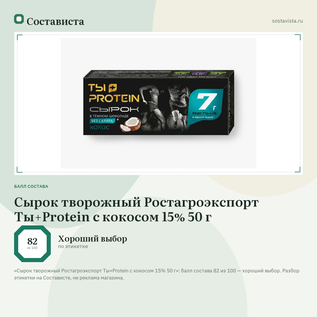 Сырок творожный Ростагроэкспорт Ты+Protein с кокосом 15% 50 г: балл состава 82 из 100 — Состависта