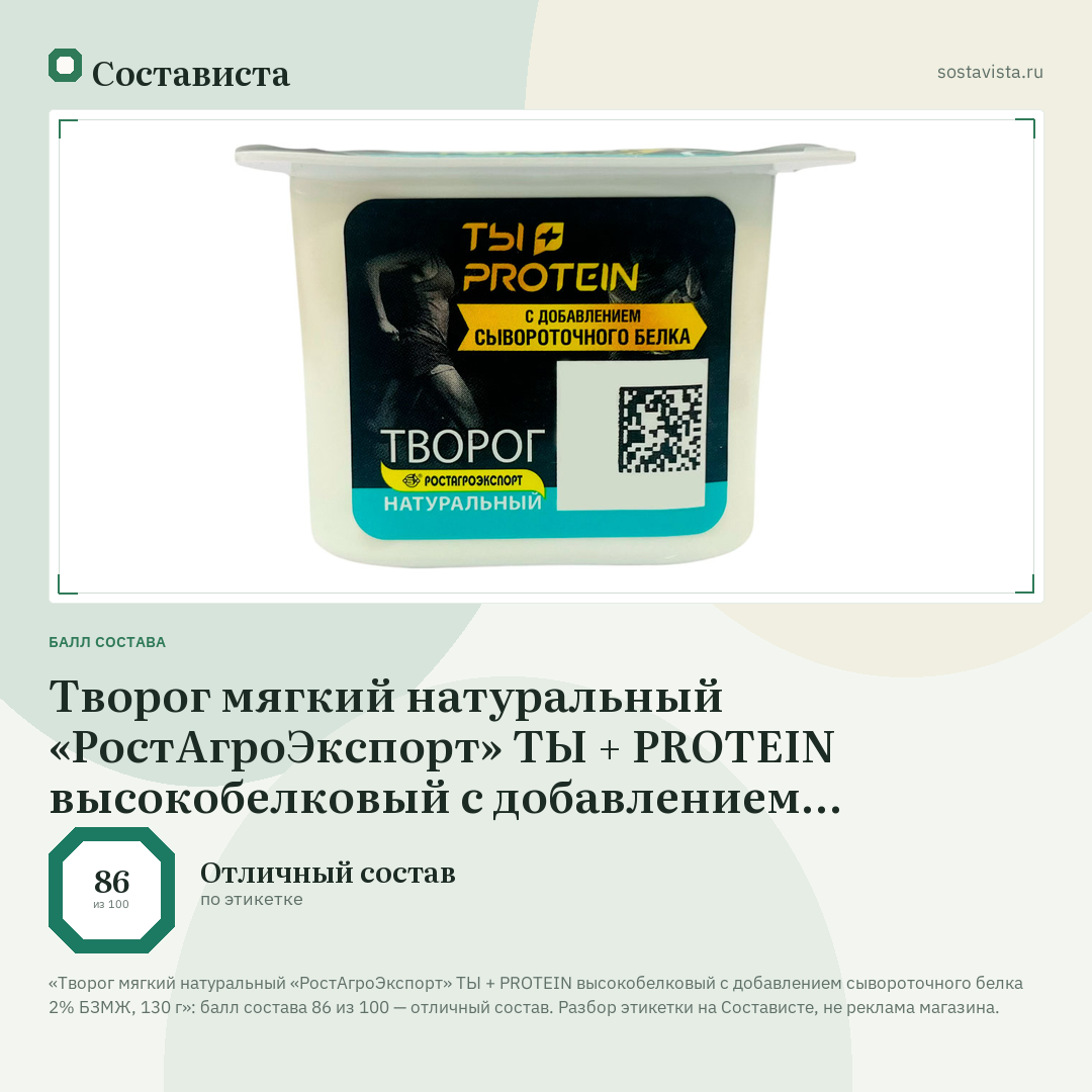Творог мягкий натуральный «РостАгроЭкспорт» ТЫ + PROTEIN высокобелковый с добавлением сывороточного белка 2% БЗМЖ, 130 г: балл состава 86 из 100 — Состависта