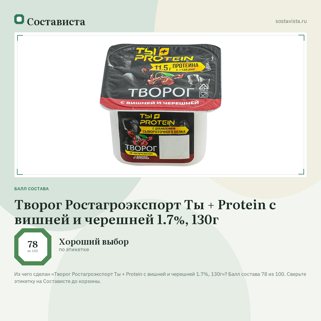 Творог Ростагроэкспорт Ты + Protein с вишней и черешней 1.7%, 130г: балл состава 78 из 100 — Состависта