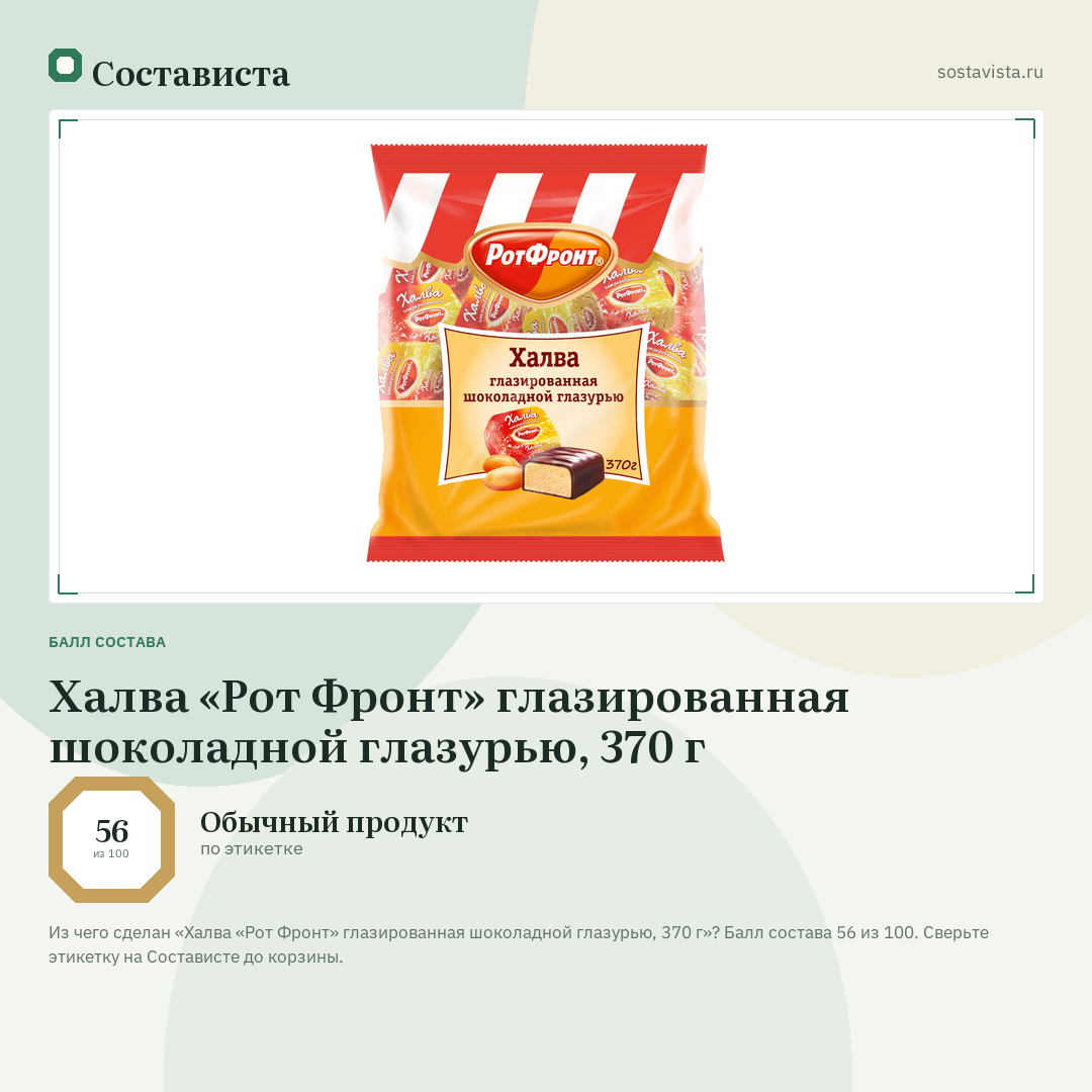 Халва «Рот Фронт» глазированная шоколадной глазурью, 370 г: балл состава 56 из 100 — Состависта
