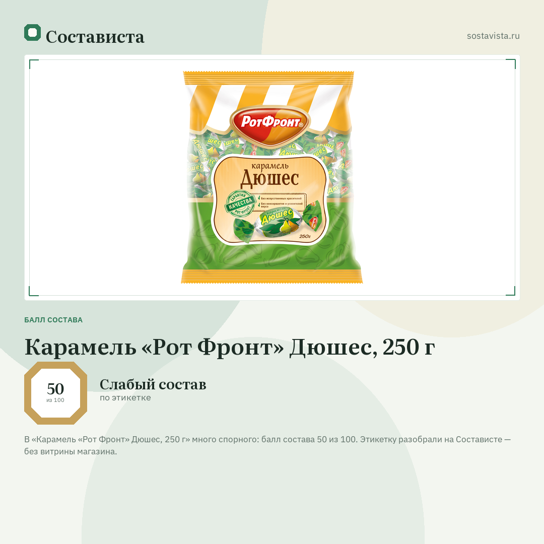 Карамель «Рот Фронт» Дюшес, 250 г: балл состава 50 из 100 — Состависта