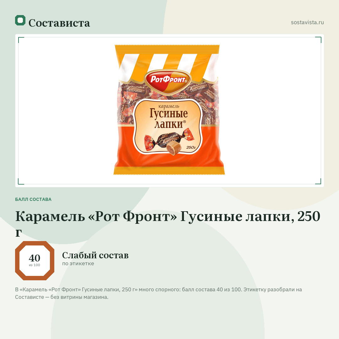 Карамель «Рот Фронт» Гусиные лапки, 250 г: балл состава 40 из 100 — Состависта
