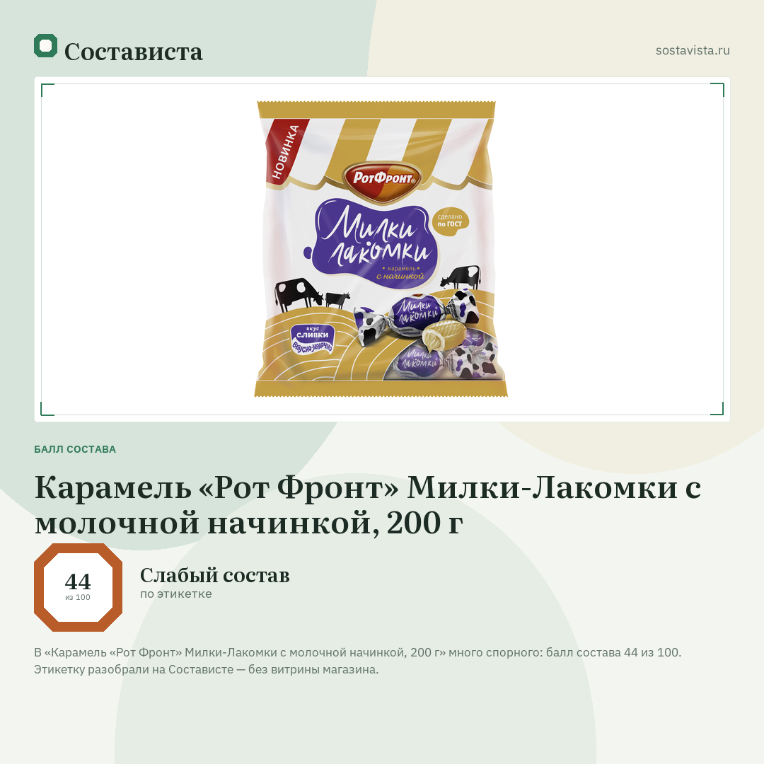 Карамель «Рот Фронт» Милки-Лакомки с молочной начинкой, 200 г: балл состава 44 из 100 — Состависта
